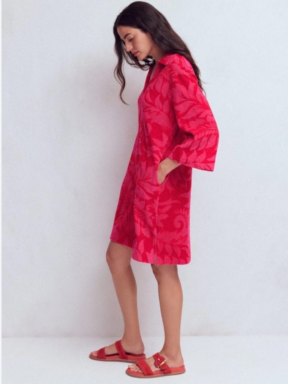 Boden pink and red plush Terrycloth Oriental print cover-up dress - Picture 3 of 10